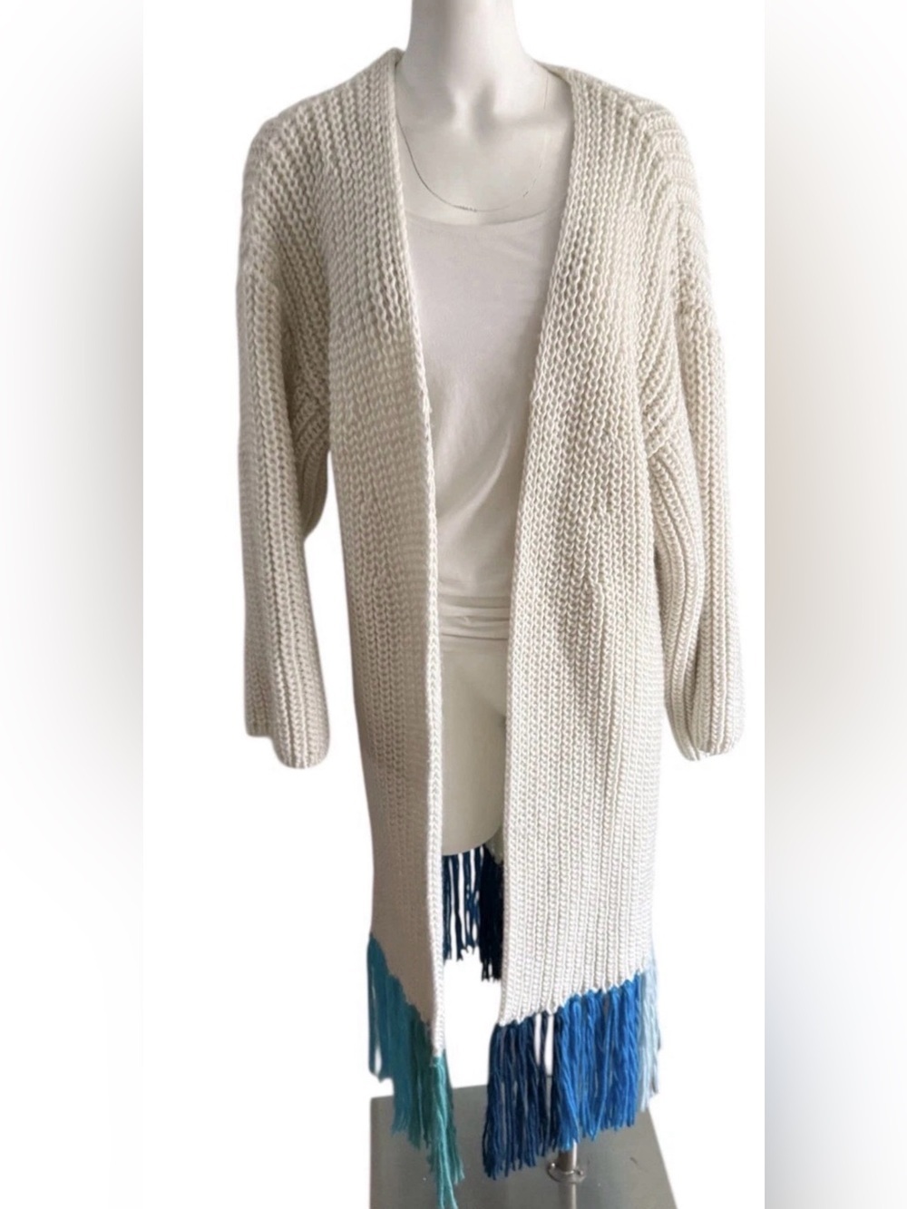 Anthropologie Long Fringe Cardigan Sweater Womens One Size Cream Chunky Blue